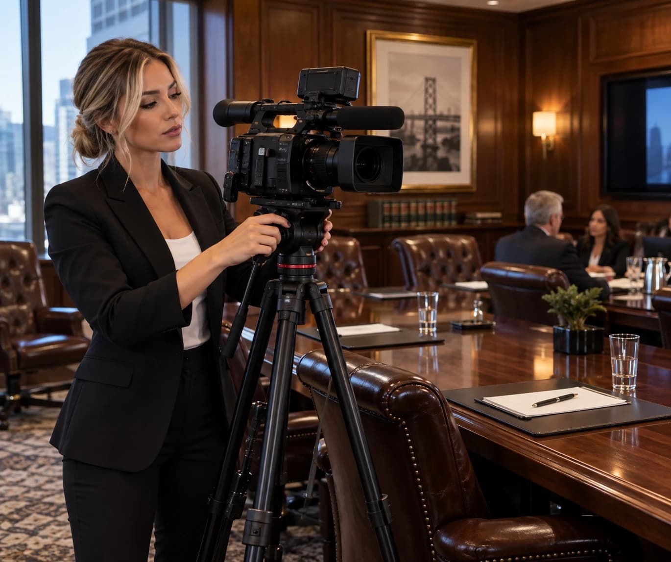 Legal videographer operating a professional camera in a courtroom