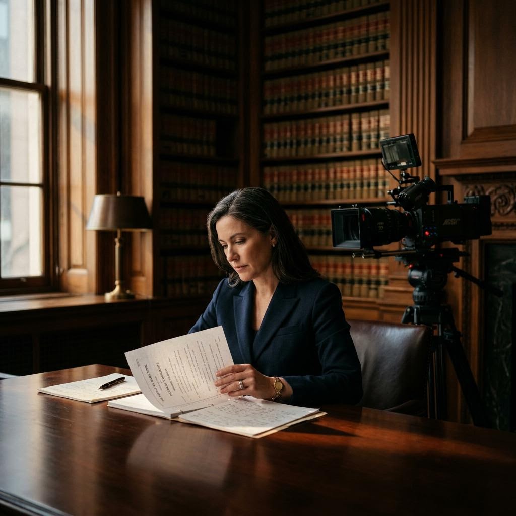 A legal professional reviews case documents beside a cinema camera in a law library.