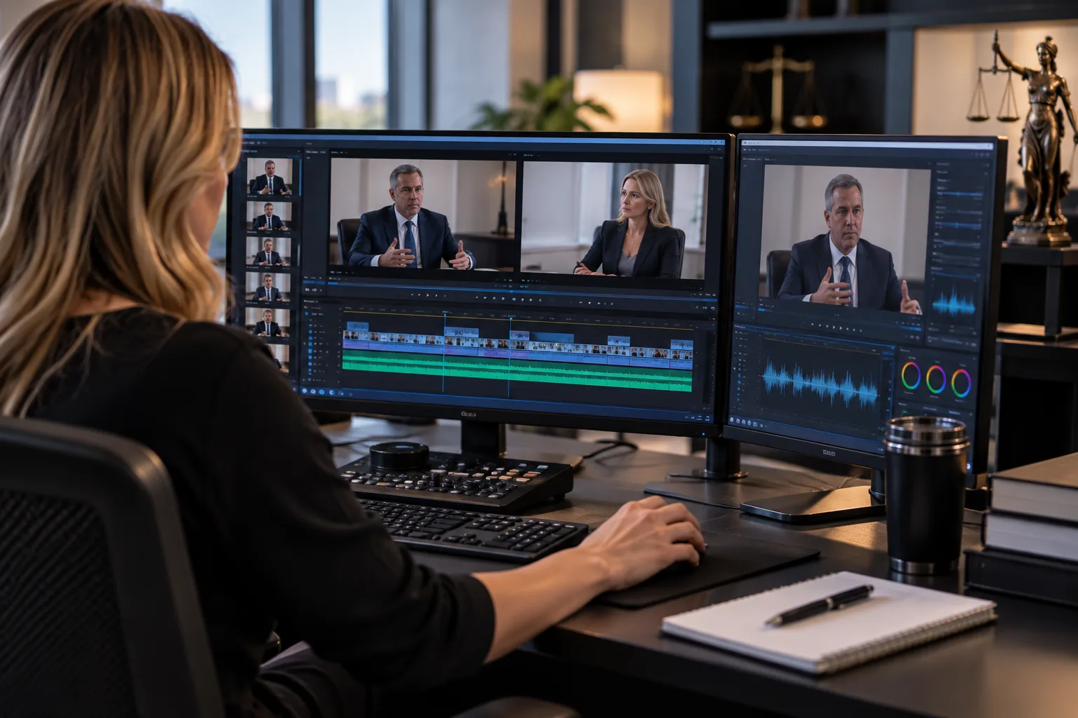 Legal video editor reviewing synchronized deposition testimony across multiple courtroom video monitors